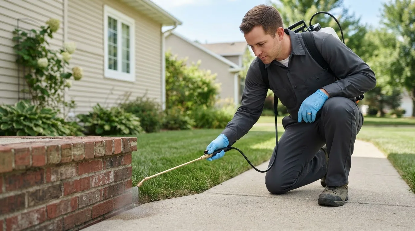 Pest control technician treating a home near Sherwood, OH
