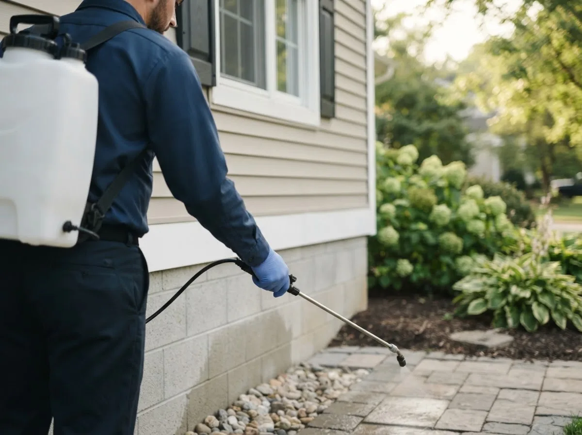 Pest control technician inspecting a home in Sherwood, OH